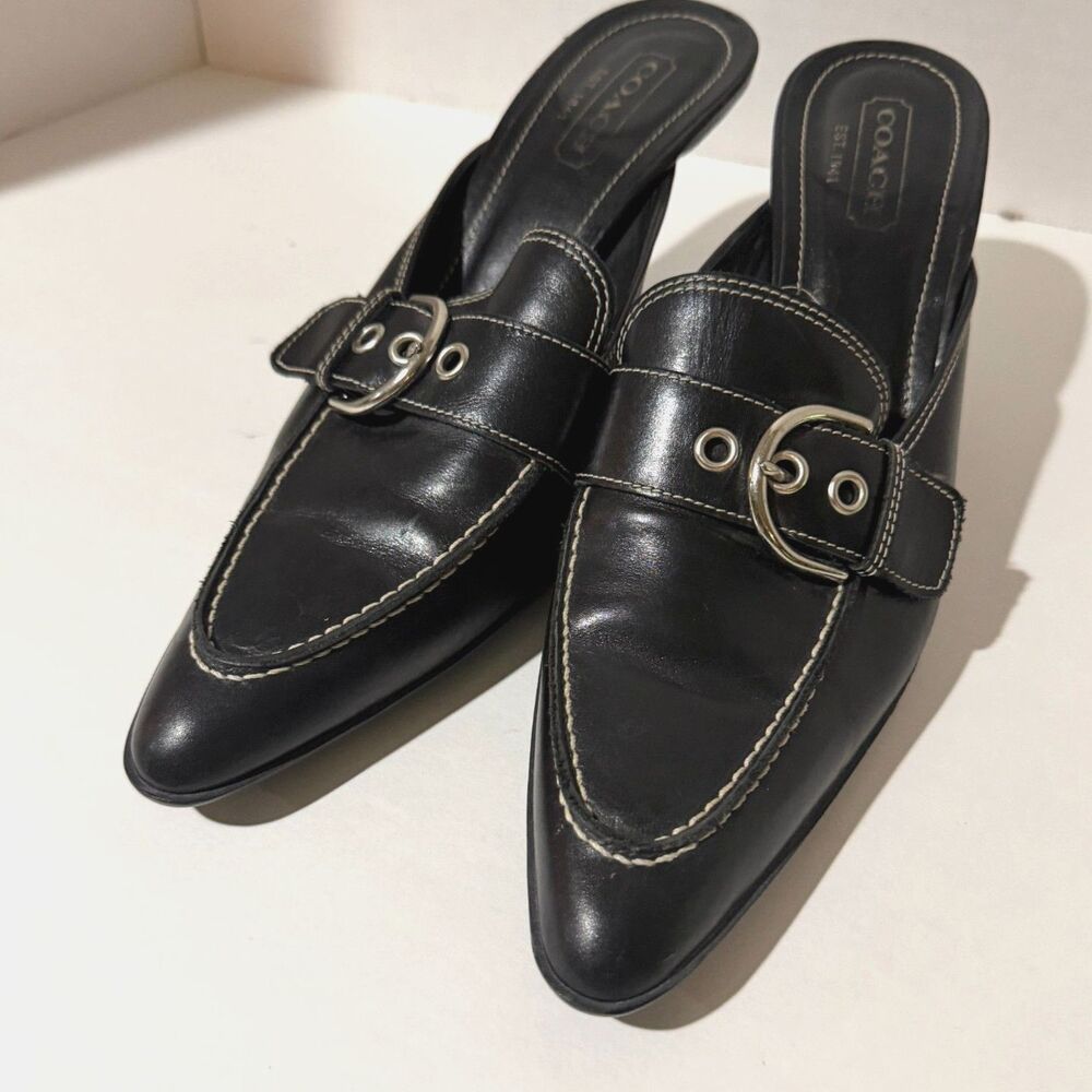 Coach, Vintage 90s Black Kitten Heel Pointed Toe Mules, 8 Judie Buckle Shoe